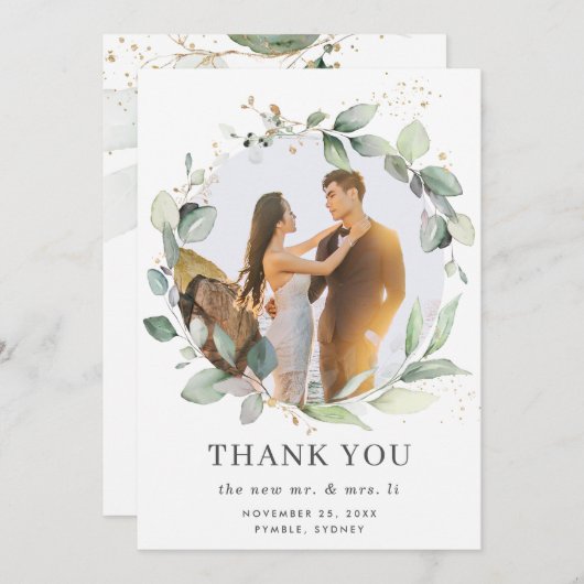 Chic Rustic Greenery Wreath Leafy Foto Hochzeit Dankeskarte (Vorne/Hinten)