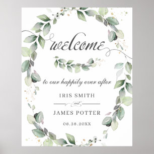 Chic Rustic Greenery Wreath Wedding Willkommenszei Poster