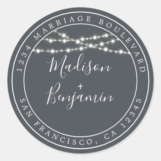 Chic Rustic Lights Black Wedding Rücksendeadresse Runder Aufkleber (Vorderseite)
