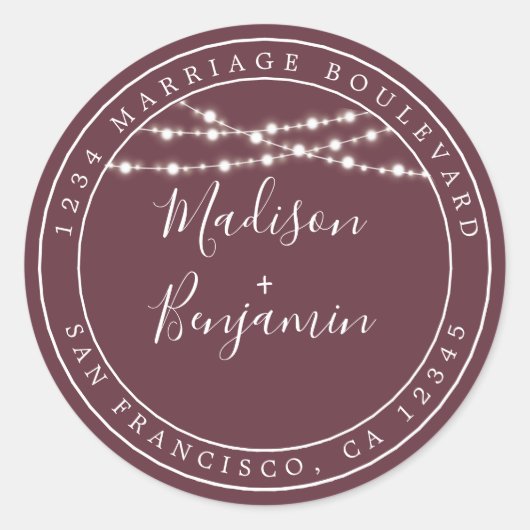 Chic Rustic Lights Burgund Wedding Rücksendeadress Runder Aufkleber (Vorderseite)