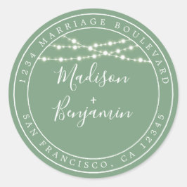 Chic Rustic Lights Green Wedding Rücksendeadresse Runder Aufkleber