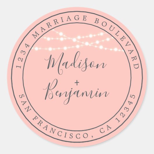 Chic Rustic Lights Pink Wedding Rücksendeadresse Runder Aufkleber (Vorderseite)