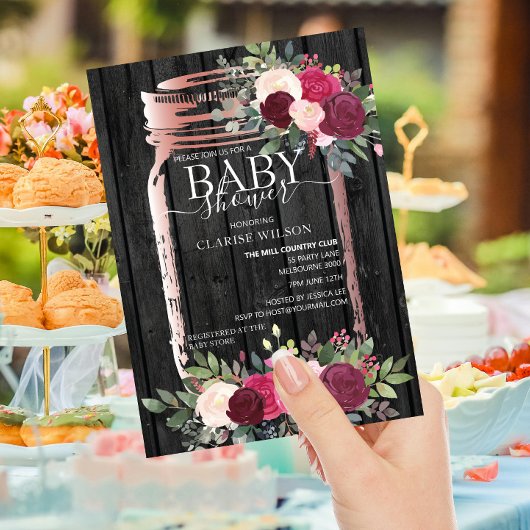 Chic Rustic Mason Jar Rose Gold Baby Dusche Einladung