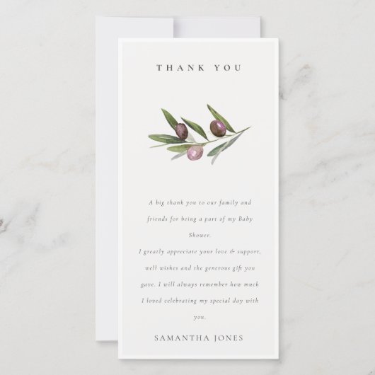 Chic Rustic Minimal Olive Branch Foliage Hochzeit Dankeskarte (Vorderseite)