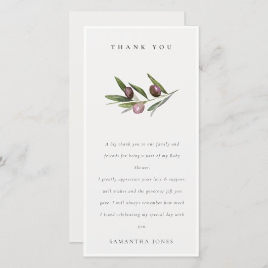 Chic Rustic Minimal Olive Branch Foliage Hochzeit Dankeskarte (Vorne/Hinten)