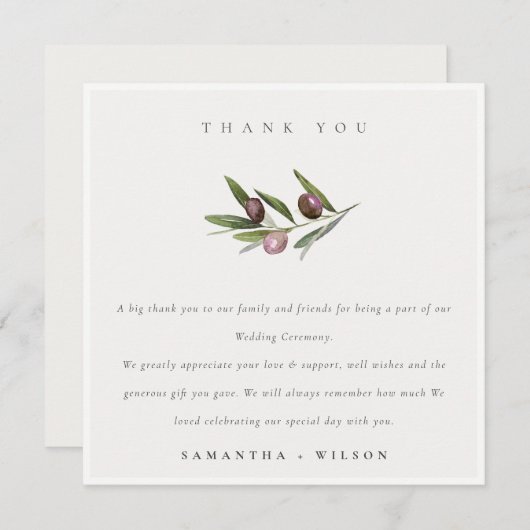 Chic Rustic Minimal Olive Branch Foliage Hochzeit Dankeskarte (Vorne/Hinten)