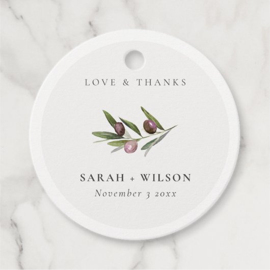 Chic Rustic Minimal Olive Branch Foliage Hochzeit Geschenkanhänger (Vorderseite)