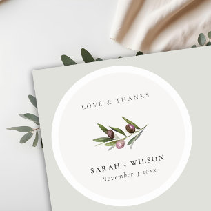 Chic Rustic Minimal Olive Branch Foliage Hochzeit Runder Aufkleber