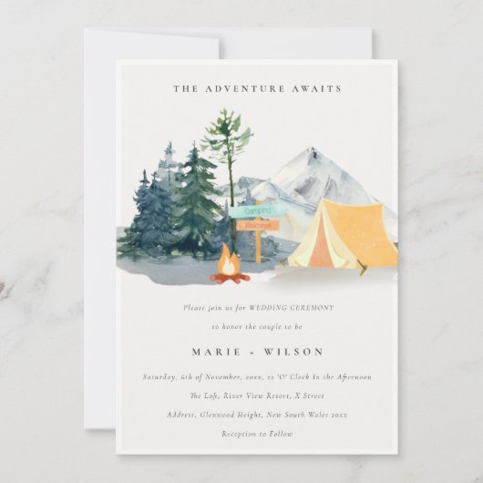Chic Rustic Pine Woods Camping Mountain Wedding Einladung (Vorderseite)