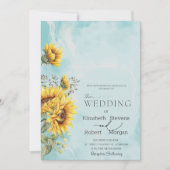 Chic Rustic Sonnenblumen Blue Wedding Einladung (Vorderseite)