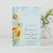 Chic Rustic Sonnenblumen Blue Wedding Einladung (Stehend Vorderseite)