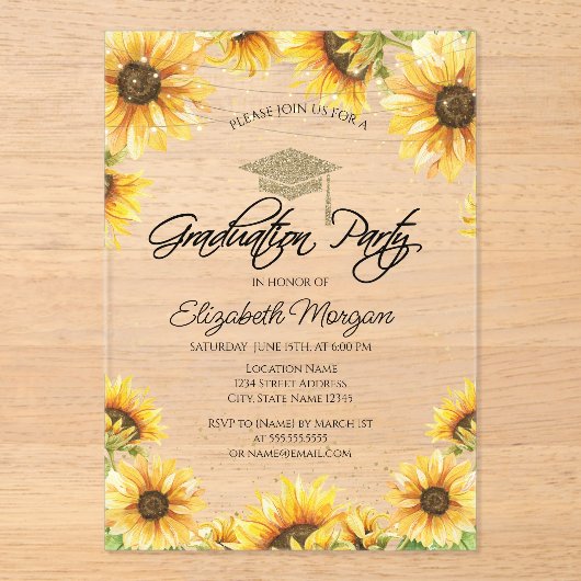 Chic Rustic Sonnenblumen, String Lights Abschluss Acryleinladungen (Vorderseite)