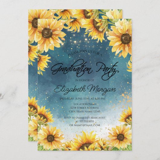 Chic Rustic Sonnenblumen, String Lights Abschluss Einladung (Vorne/Hinten)