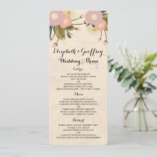 Chic Rustic Watercolor Leinwand Wedding Menu Menükarte (Stehend Vorderseite)