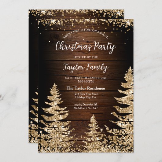 Chic RusticWood Glitzer Weihnachtsbaum Party Einladung (Vorne/Hinten)