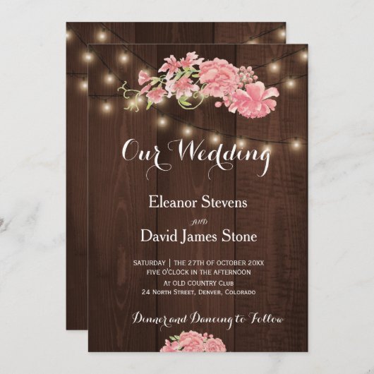 Chic rustikale Lichter blüten Birnen Stall Holz Ho Einladung (Vorne/Hinten)