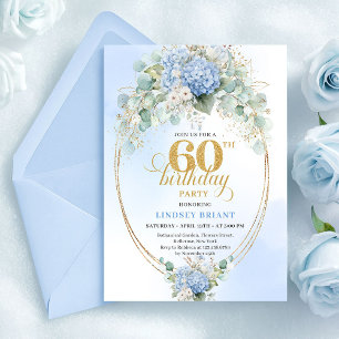 Chic-rustikale weiche blaue Hortensien Gold 60. Ge Einladung