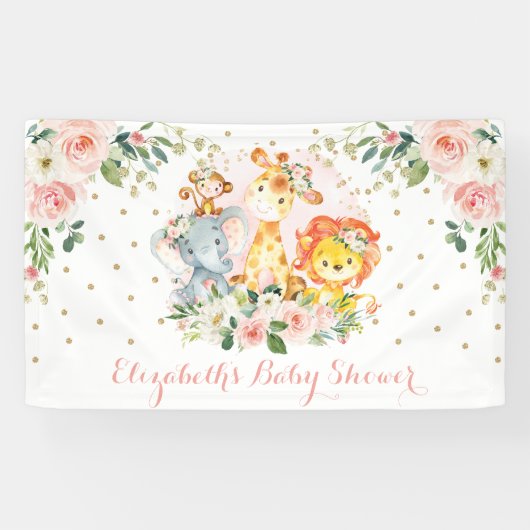 Chic Safari Jungle Animes Blush Floral Baby Girl Banner (Horizontal)