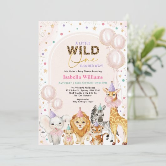 Chic Safari Party Animals Balloon Girl Baby Dusche Einladung (Stehend Vorderseite)