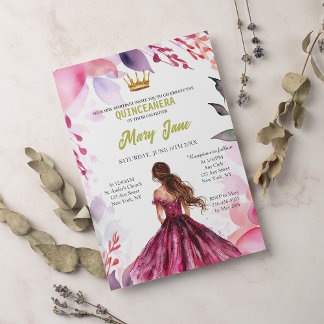 Chic Sage Baby Pink Floral Gold Quinceañera Einladung