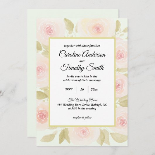 Chic Sage Green and Pink Rose Watercolor Wedding Einladung (Vorne/Hinten)