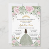 Chic Sage Green Baby Pink Floral Gold Quinceañera Einladung (Vorderseite)