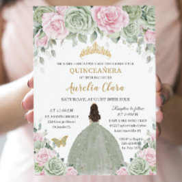 Chic Sage Green Baby Pink Floral Gold Quinceañera Einladung