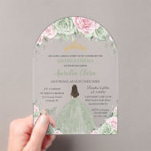 Chic Sage Green Baby Rosa Blumenkleid Quinceañera Acryleinladungen (Insitu (Handheld))