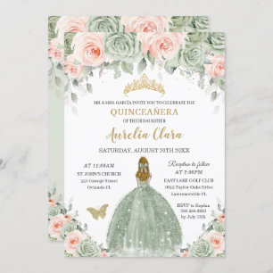 Chic Sage Green Blush Bloral Blonde Quinceañera Einladung