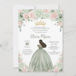Chic Sage Green Blush Bloral Prinzessin Quinceañer Einladung