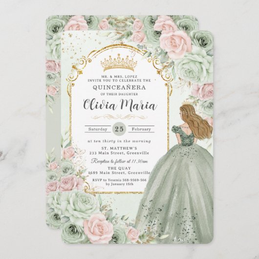 Chic Sage Green Blush Bloral Prinzessin Quinceañer Einladung (Vorne/Hinten)