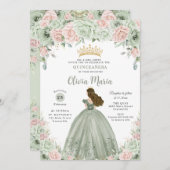 Chic Sage Green Blush Bloral Prinzessin Quinceañer Einladung (Vorne/Hinten)