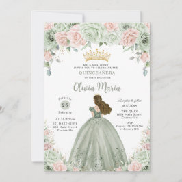 Chic Sage Green Blush Bloral Prinzessin Quinceañer Einladung