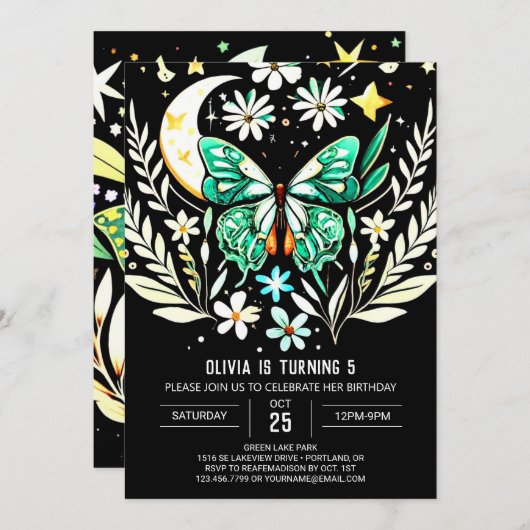 Chic Sage Green Butterfly Geburtstag Einladung (Vorne/Hinten)