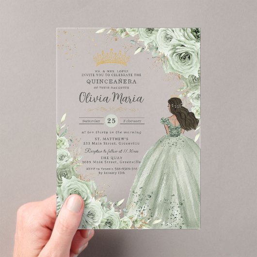 Chic Sage Green Floral Brown Prinzessin Quinceañer Acryleinladungen (Insitu (Handheld))