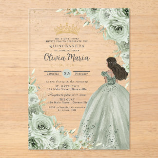 Chic Sage Green Floral Brown Prinzessin Quinceañer Acryleinladungen