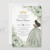 Chic Sage Green Floral Brown Prinzessin Quinceañer Einladung (Vorderseite)