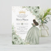 Chic Sage Green Floral Brown Prinzessin Quinceañer Einladung (Stehend Vorderseite)