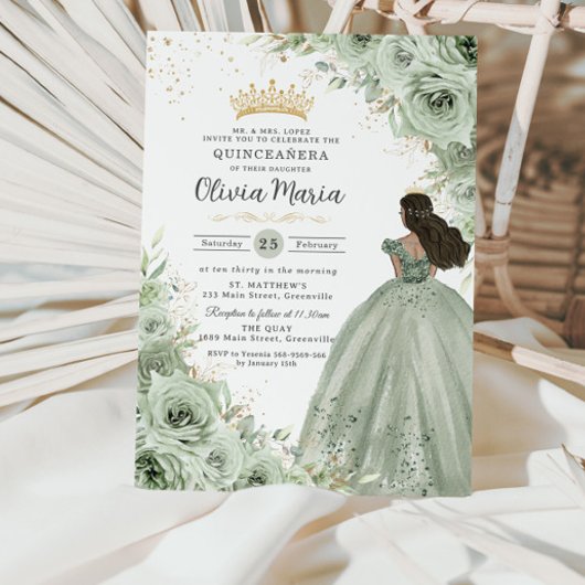 Chic Sage Green Floral Brown Prinzessin Quinceañer Einladung