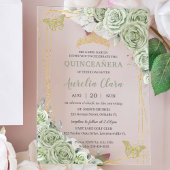 Chic Sage Green Floral Butterfliegen Quinceañera Acryleinladungen