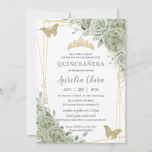 Chic Sage Green Floral Butterfliegen Quinceañera Einladung (Vorderseite)
