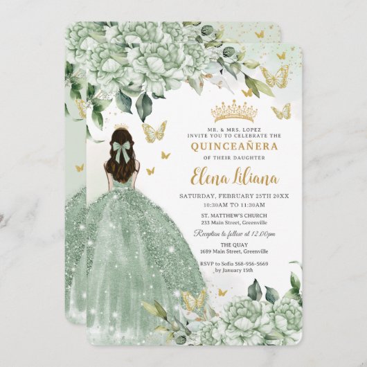 Chic Sage Green Floral Butterfliegen Quinceañera Einladung (Vorne/Hinten)