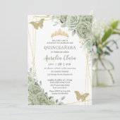 Chic Sage Green Floral Butterfliegen Quinceañera Einladung (Stehend Vorderseite)