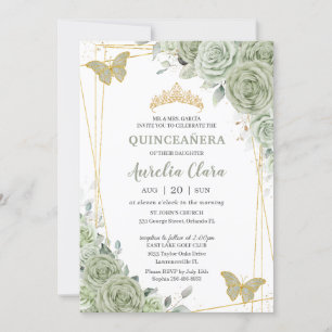 Chic Sage Green Floral Butterfliegen Quinceañera Einladung