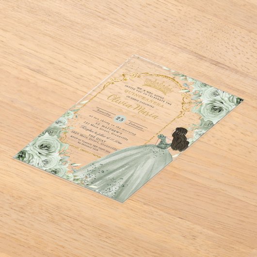 Chic Sage Green Floral Rose Princess Quinceañera Acryleinladungen (Ablage )