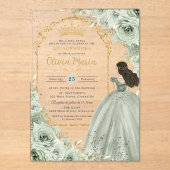 Chic Sage Green Floral Rose Princess Quinceañera Acryleinladungen (Vorderseite)