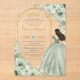 Chic Sage Green Floral Rose Princess Quinceañera Acryleinladungen