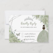 Chic Sage Green Floral Silver Quinceañera Princess RSVP Karte (Vorderseite)