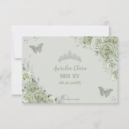 Chic Sage Green Floral Silver Quinceañera Princess RSVP Karte (Rückseite)