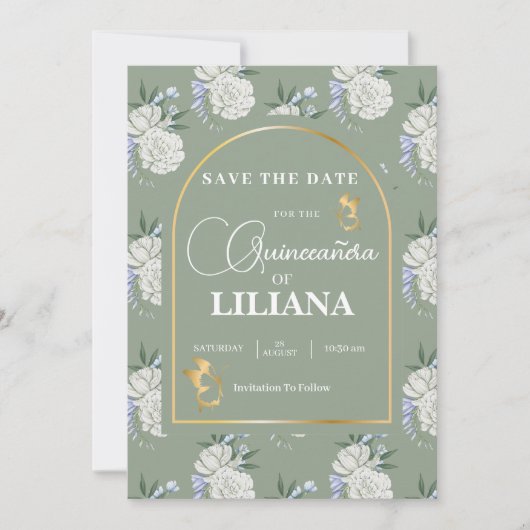 Chic Sage Green Gold Arch Schmetterlinge Quinceañe Save The Date (Vorderseite)